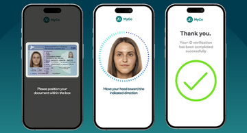 Three mobile phones with identity verification process: driver’s license scan, facial biometric check, confirmation message