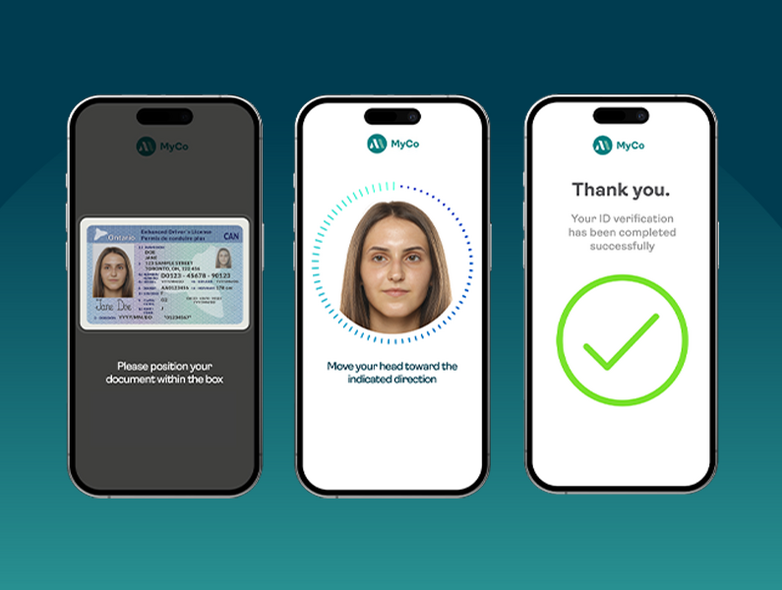 Three mobile phones with identity verification process: driver’s license scan, facial biometric check, confirmation message
