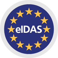The word eIDAS against a navy blue background encircled by yellow stars, evoking the EU flag