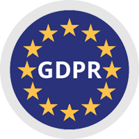 The word GDPR against a navy blue background encircled by yellow stars, evoking the EU flag