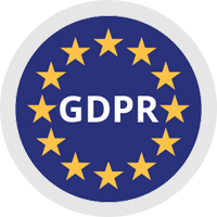 The word GDPR against a navy blue background encircled by yellow stars, evoking the EU flag