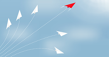 4 paper planes, including a red one with speed lines behind it, launching against the sky, with a dotted line trailing behind then