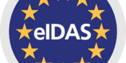 The word eIDAS against a navy blue background encircled by yellow stars, evoking the EU flag