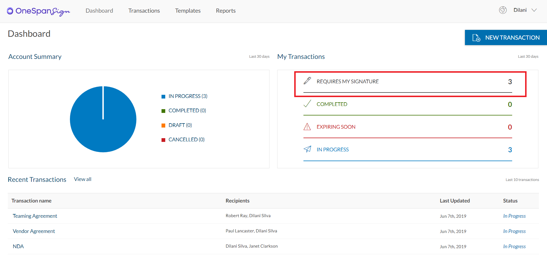 e-signing from dashboard step 1