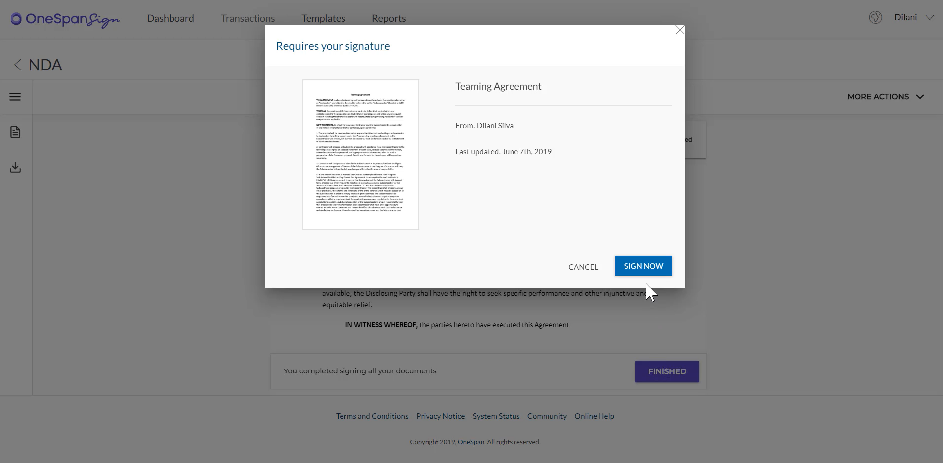 e-signing a document from dashboard step 5