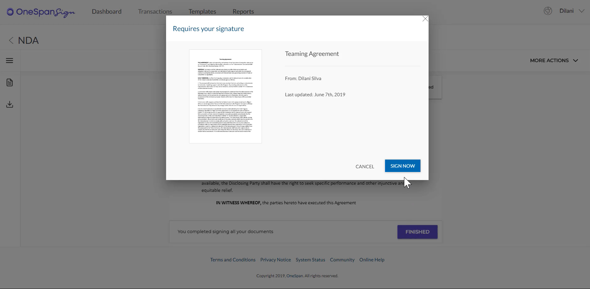 e-signer un document de l'étape 5 du tableau de bord